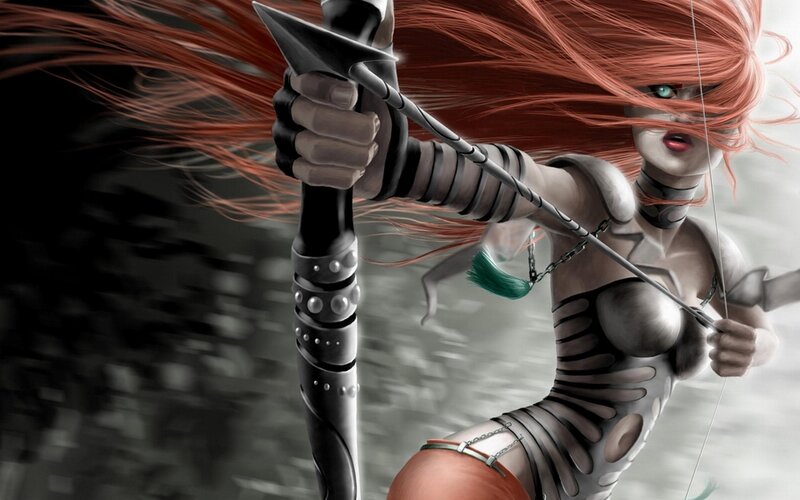 Female Archer with Red Hair — Dramatic, Digital Art, Bow, Arrow