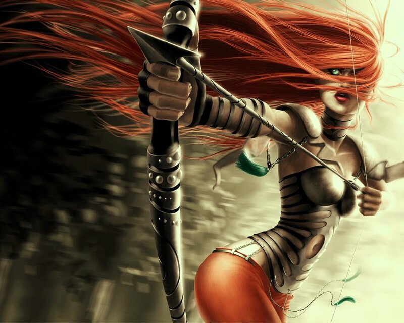 Female Archer with Red Hair — Dramatic, Digital Art, Bow