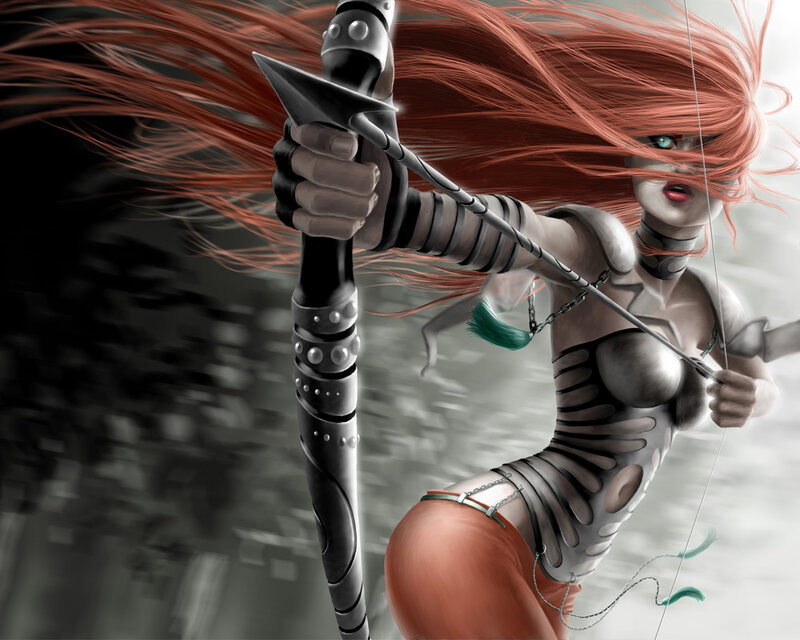 Female Archer with Red Hair — Dramatic, Digital Art