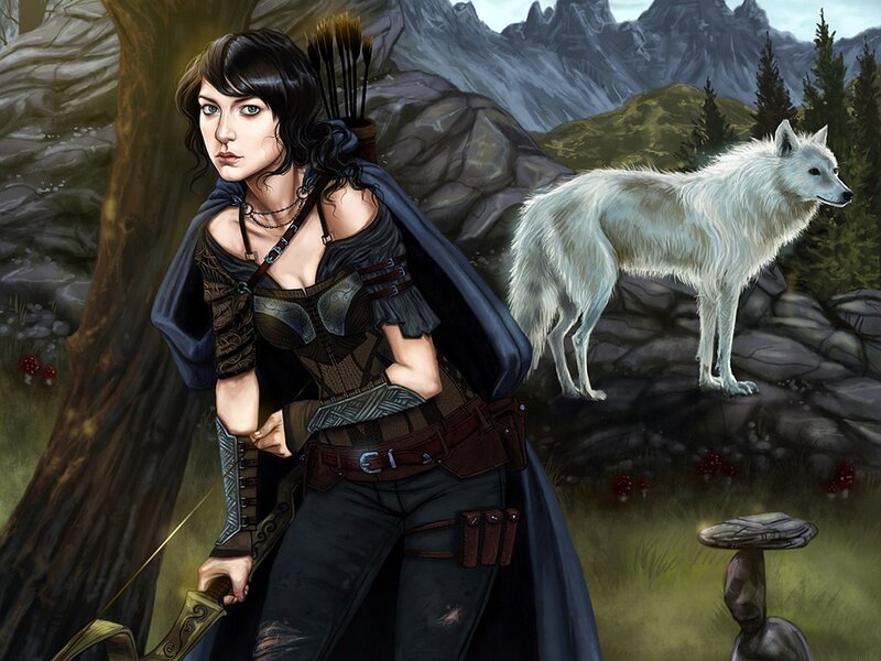 female archer with white wolf