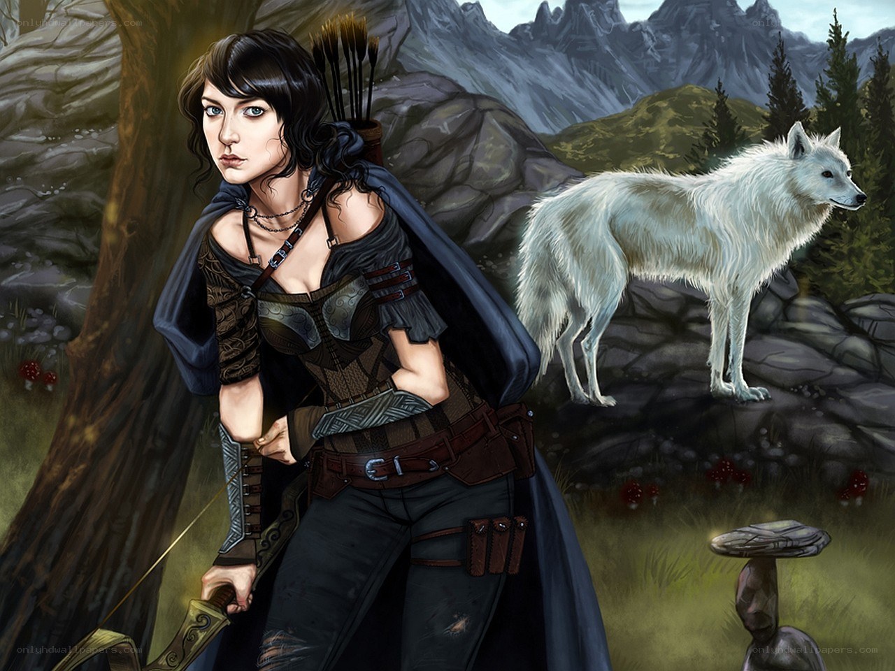 female archer with white wolf