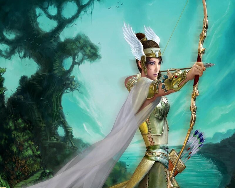 Female Archer with Wings — Green, Dramatic, Digital Art, Bow and Arrow