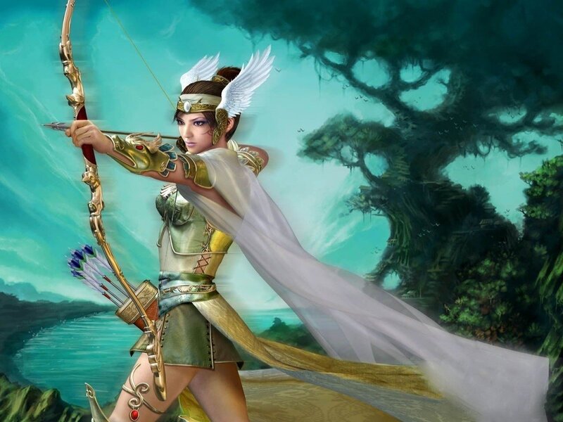 Female Archer with Wings — Green, Dramatic, Digital Art