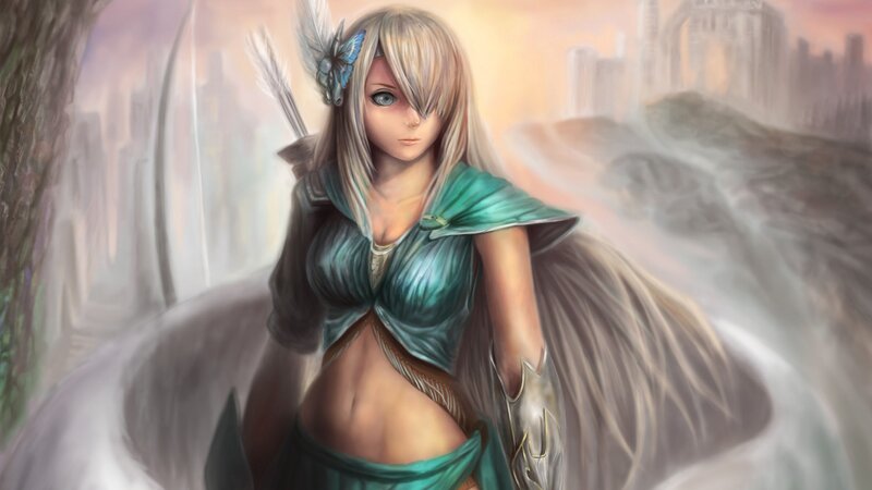 Female Archer with Wings — Green, Dramatic, Sunset, Digital Art, Arrow