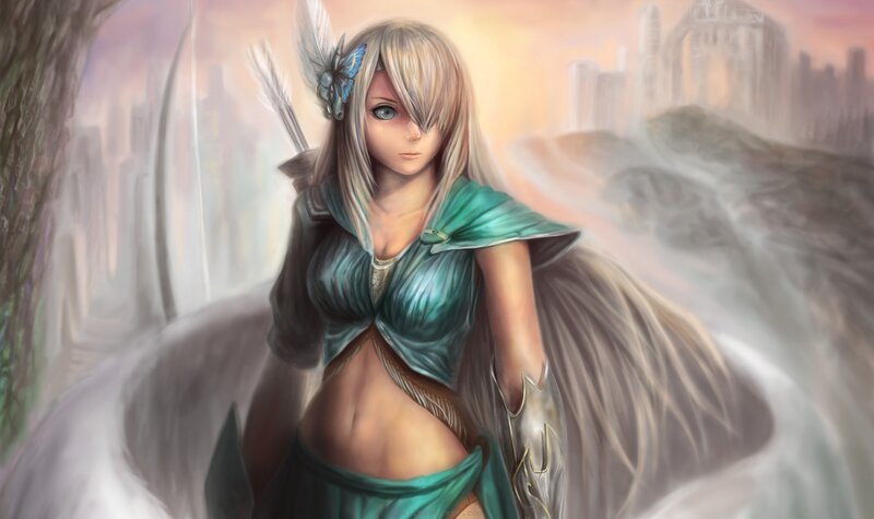 Female Archer with Wings — Green, Dramatic, Sunset, Digital Art