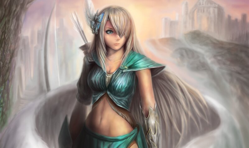 Female Archer with Wings — Green, Dramatic, Sunset
