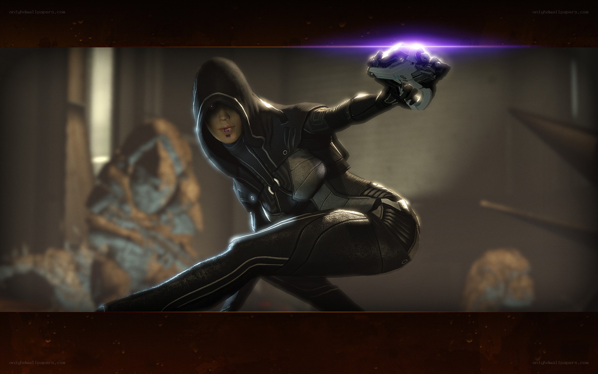 female assassin in black suit