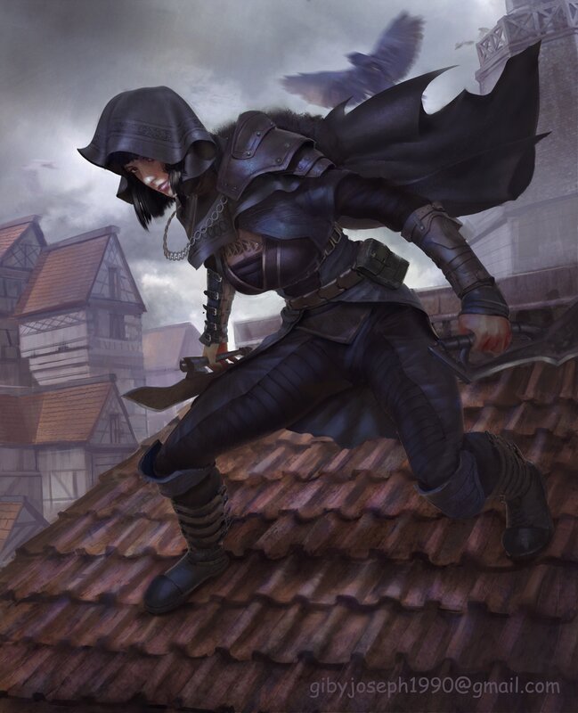 Female Assassin on Rooftop — Black, Dramatic