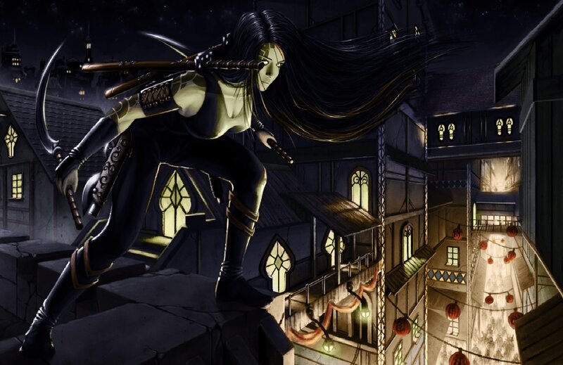 Female Assassin on Rooftop — Black