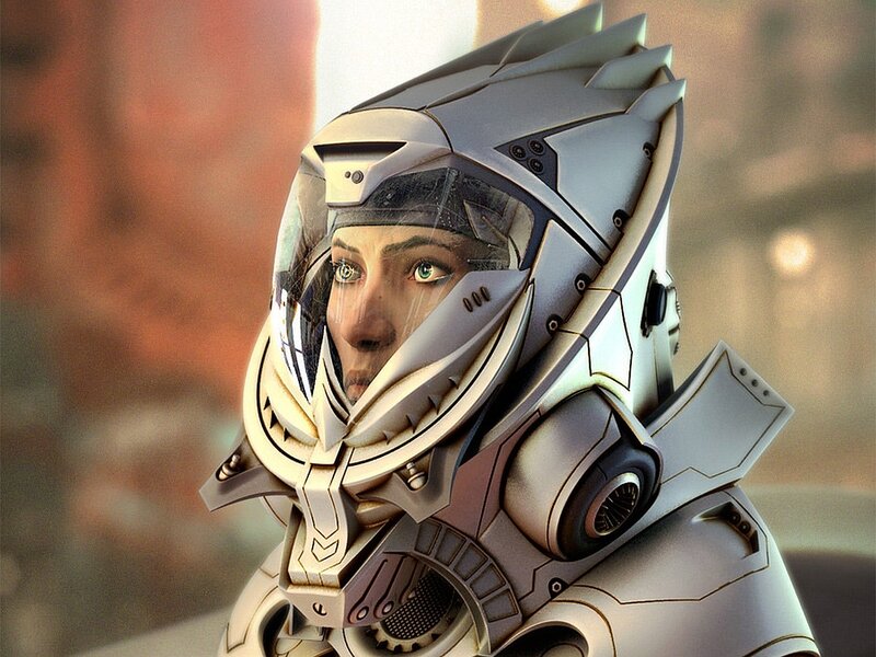 female astronaut in futuristic helmet