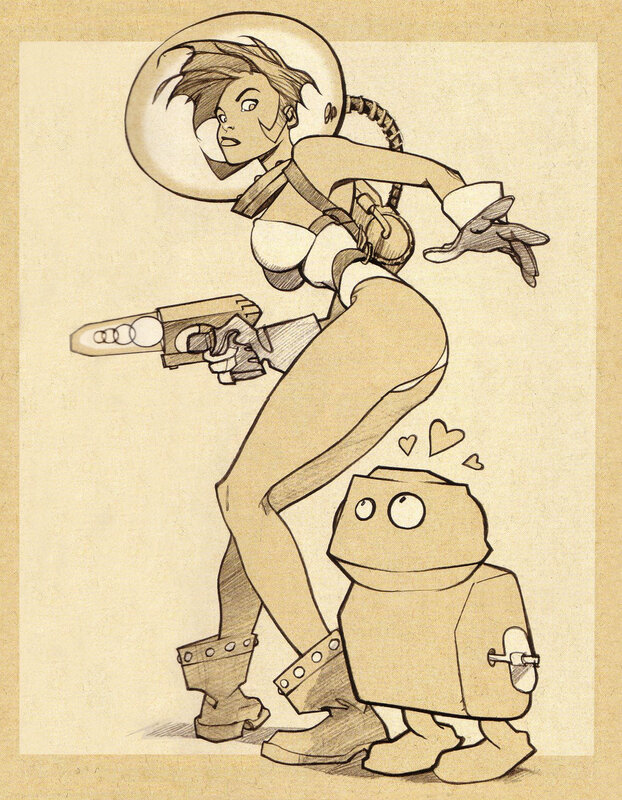 female astronaut with robot
