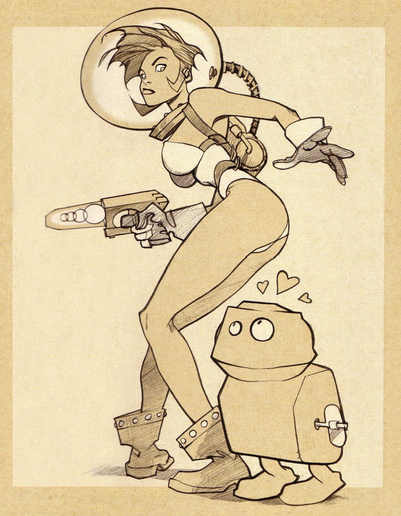 female astronaut with robot