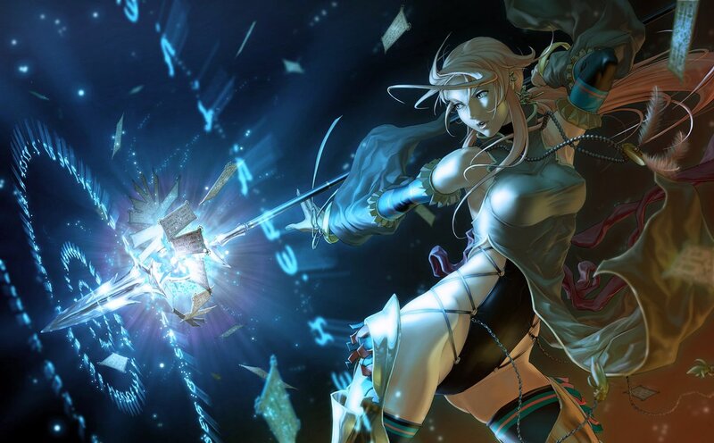 Female Character Casting Spell — Blue, Dramatic, Night, Digital Art, Magic, Sword, Books