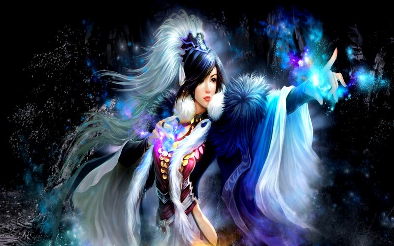 Female Character Casting Spell — Blue, Dramatic, Night, Digital Art, Magic