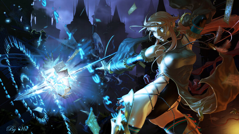 Female Character Casting Spell — Blue, Dramatic, Night, Digital Art