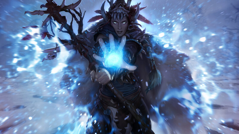 Female Character Casting Spell — Blue, Dramatic, Winter, Digital Art