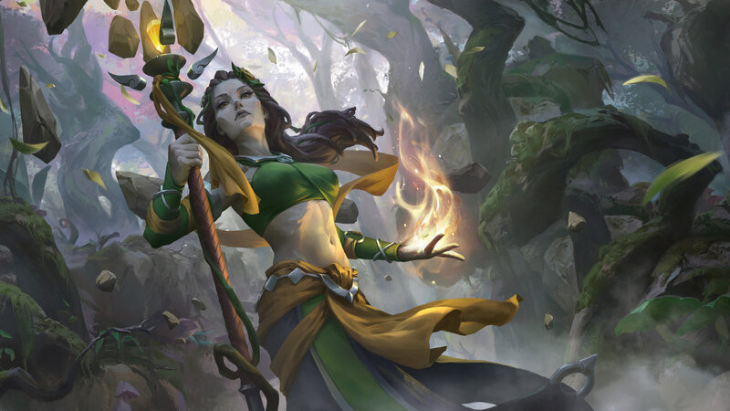 Female Character Casting Spell — Green, Dramatic, Digital Art, Staff