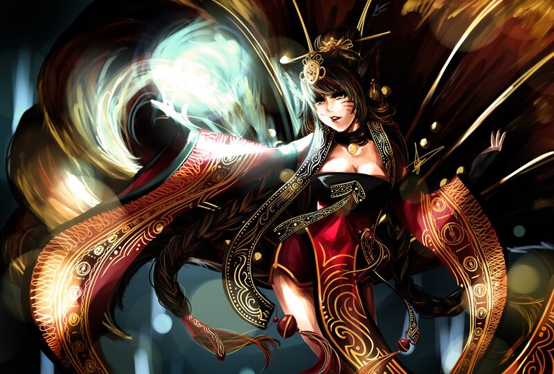 Female Character Casting Spell — Red, Dramatic, Night, Digital Art