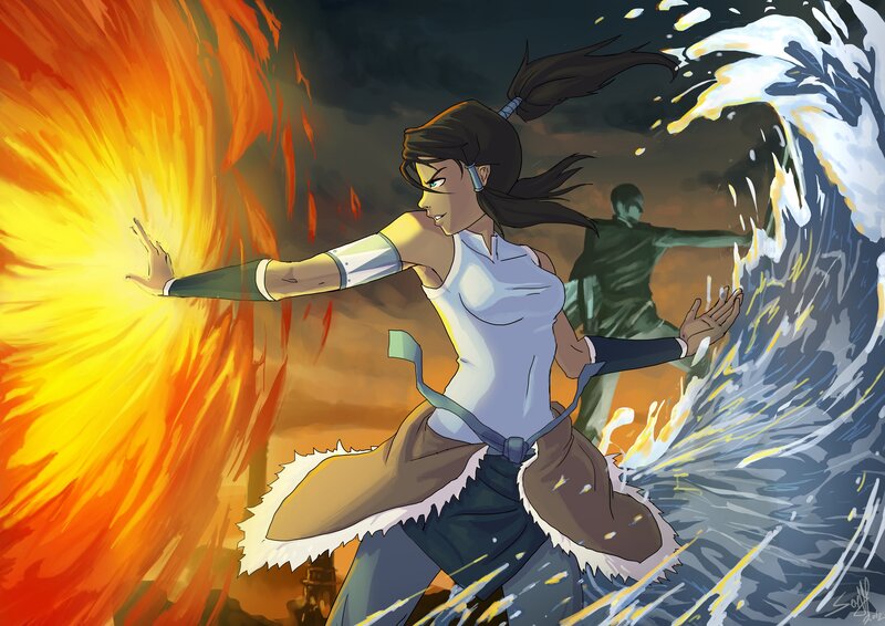 Female Character Controlling Fire and Water — Orange
