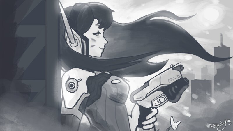 Female Character Holding Gun — Gray, Dramatic