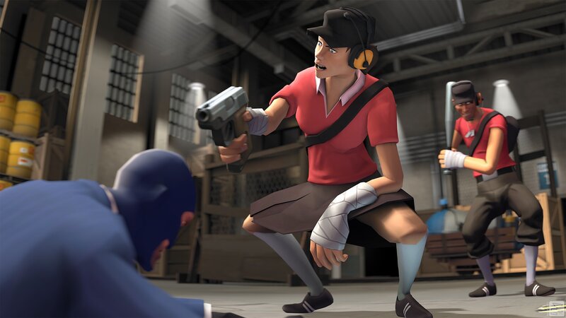 Female Character Holding Gun — Red, Tense