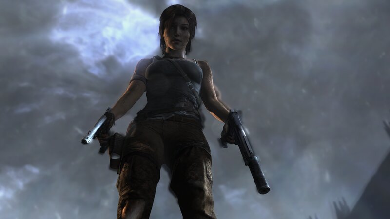 Female Character Holding Guns — Gray, Dramatic