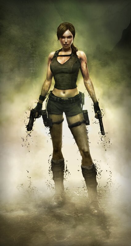 Female Character Holding Guns — Green, Dramatic