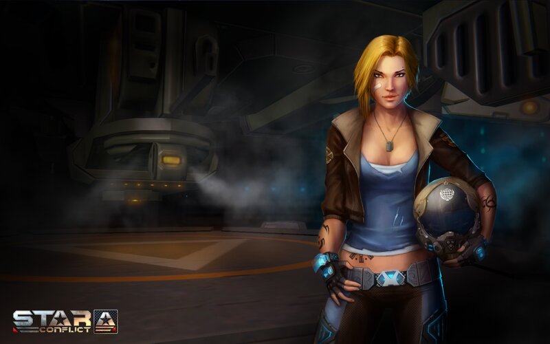 Female Character Holding Helmet — Blue