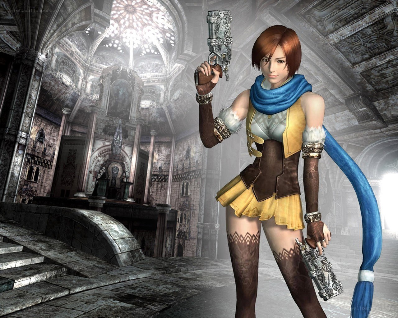 female character in a cathedral