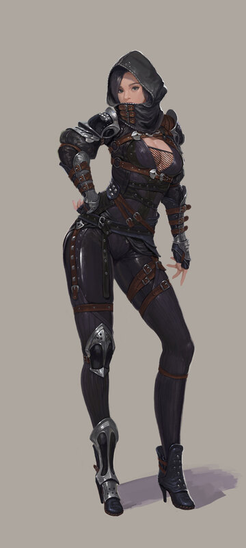 Female Character in Armor — Black, Confident, Digital Art