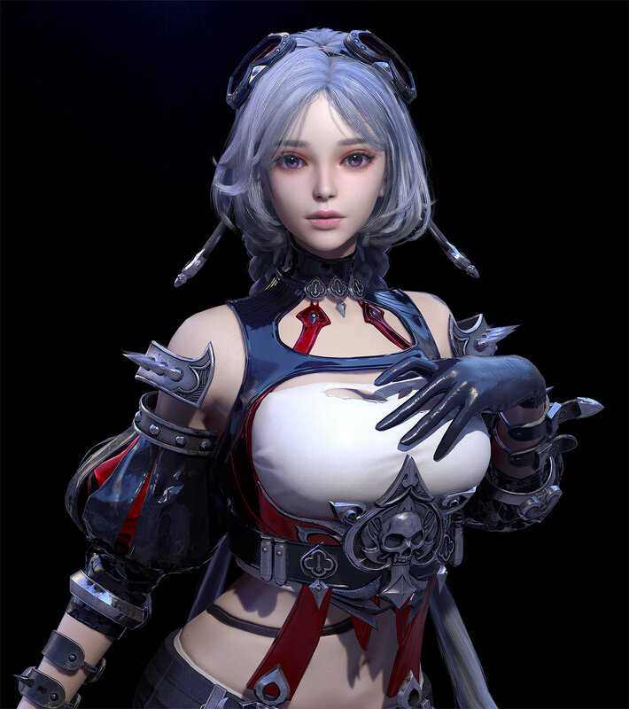 Female Character in Armor — Black, Dramatic, 3d Render, Silver Hair