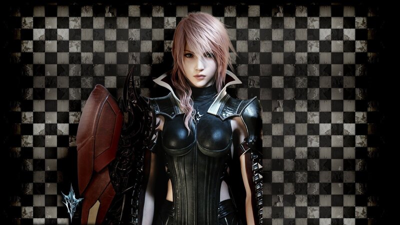 Female Character in Armor — Black, Dramatic, Digital Art, Shield, Checkered Background