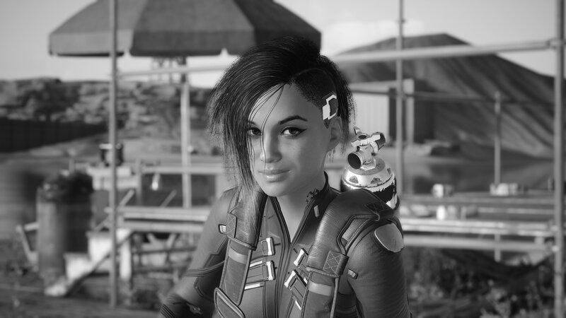 Female Character in Armor — Black, Serious, 3d Render, Backpack