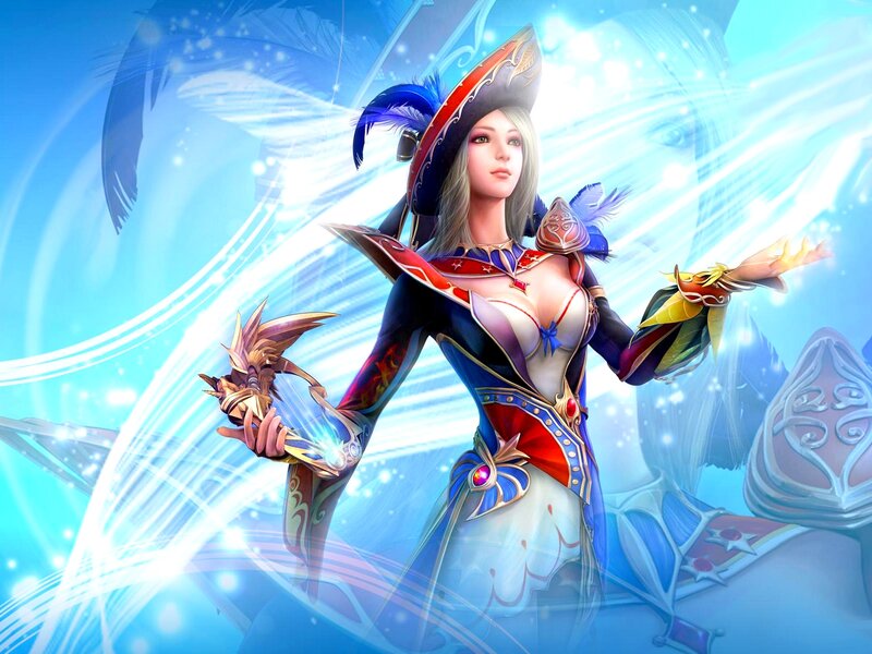 Female Character in Armor — Blue, Dramatic, Digital Art, Feathered Hat