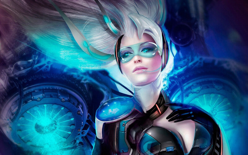 Female Character in Armor — Blue, Dramatic, Digital Art, Goggles