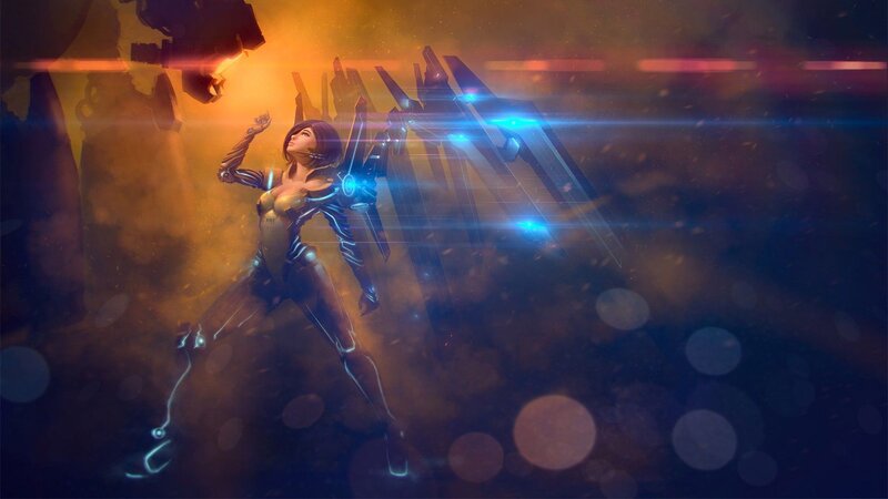 Female Character in Armor — Blue, Dramatic, Digital Art, Mech