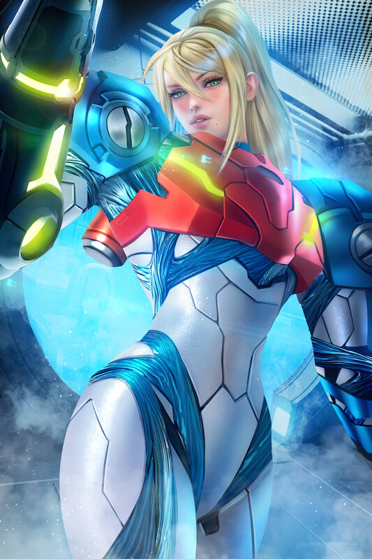 Female Character in Armor — Blue, Dramatic, Digital Art, Weapon