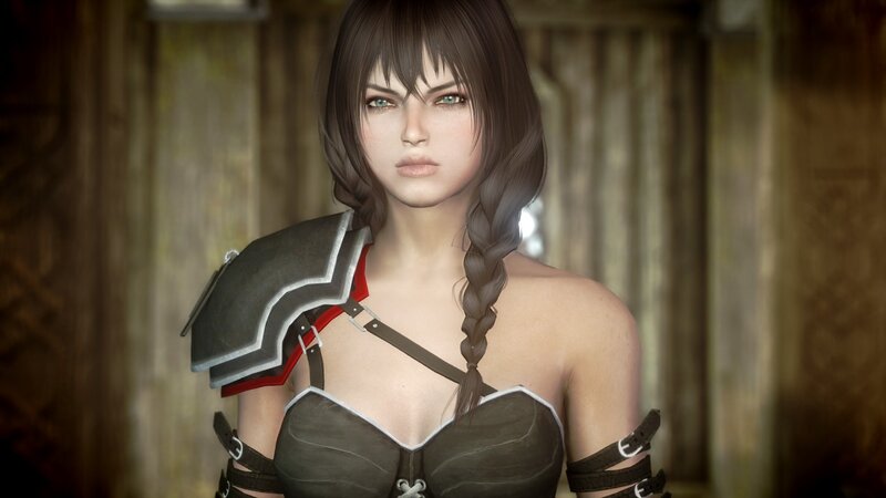 Female Character in Armor — Brown, Serious, 3d Render, Braided Hair, Shoulder Pauldron