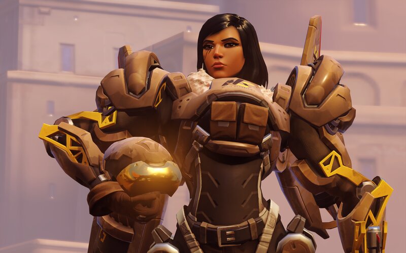 Female Character in Armor — Brown, Serious, 3d Render, Weapon