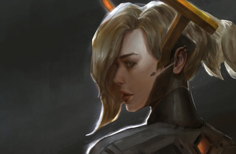 Female Character in Armor — Gray, Dramatic, Digital Art, Helmet, Blonde Hair