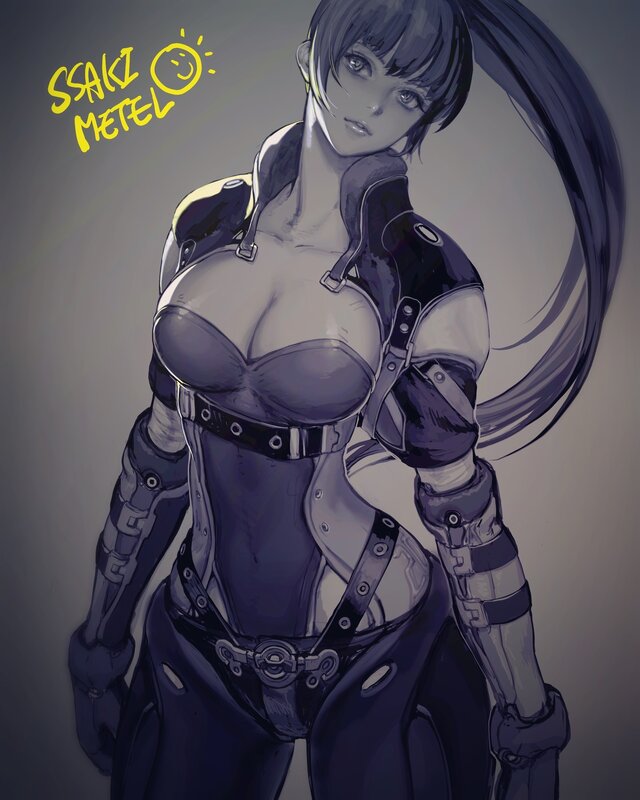 Female Character in Armor — Gray, Dramatic, Digital Art, Long Hair