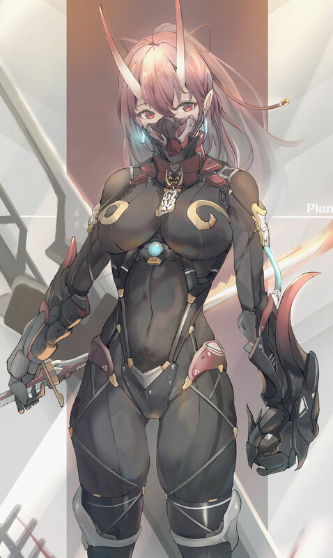 Female Character in Armor — Gray, Dramatic, Digital Art, Mask