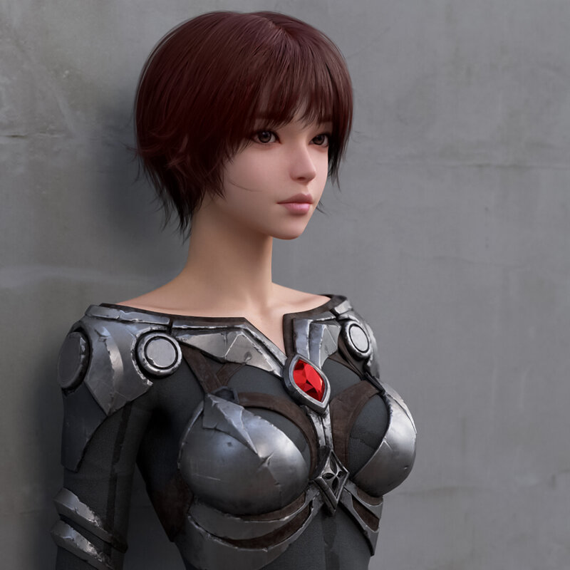 Female Character in Armor — Gray, Neutral, 3d Render, Red Gem
