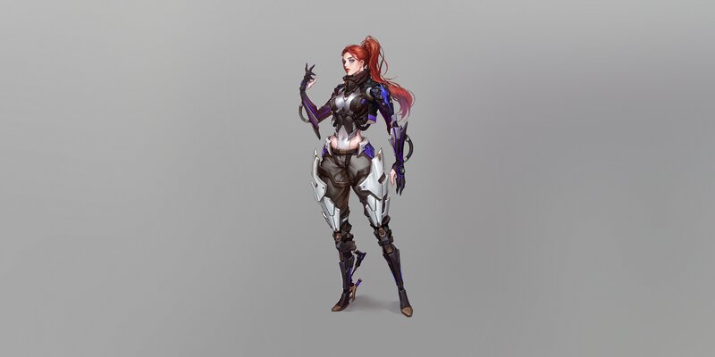 Female Character in Armor — Gray, Neutral, Digital Art, Red Hair