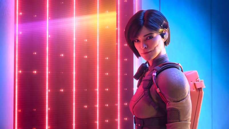 Female Character in Armor — Red, Dramatic, 3d Render, Neon Lights, Backpack