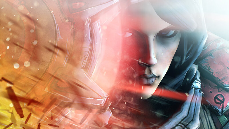 Female Character in Armor — Red, Dramatic, Digital Art, Explosion
