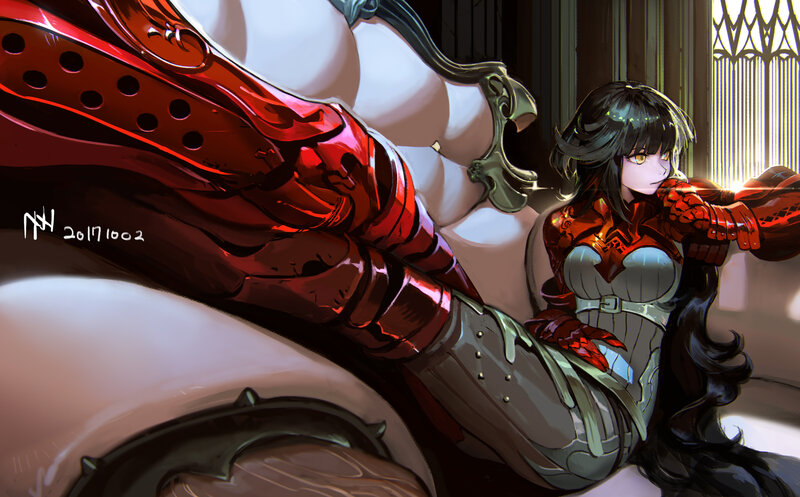 Female Character in Armor — Red, Dramatic, Digital Art, Window