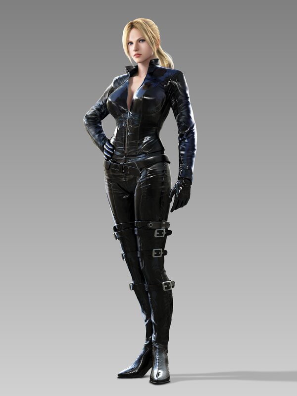 female character in black leather suit