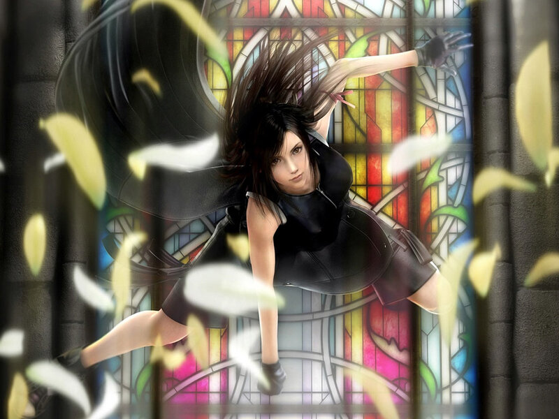 Female Character in Black Outfit — Dramatic, Digital Art, Stained Glass Window, Falling Leaves