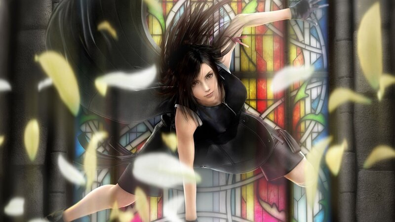 Female Character in Black Outfit — Dramatic, Digital Art, Stained Glass Window, Falling Petals